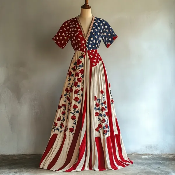 Vintage Flag Inspired Flower Embroidered Linen Maxi Dress
