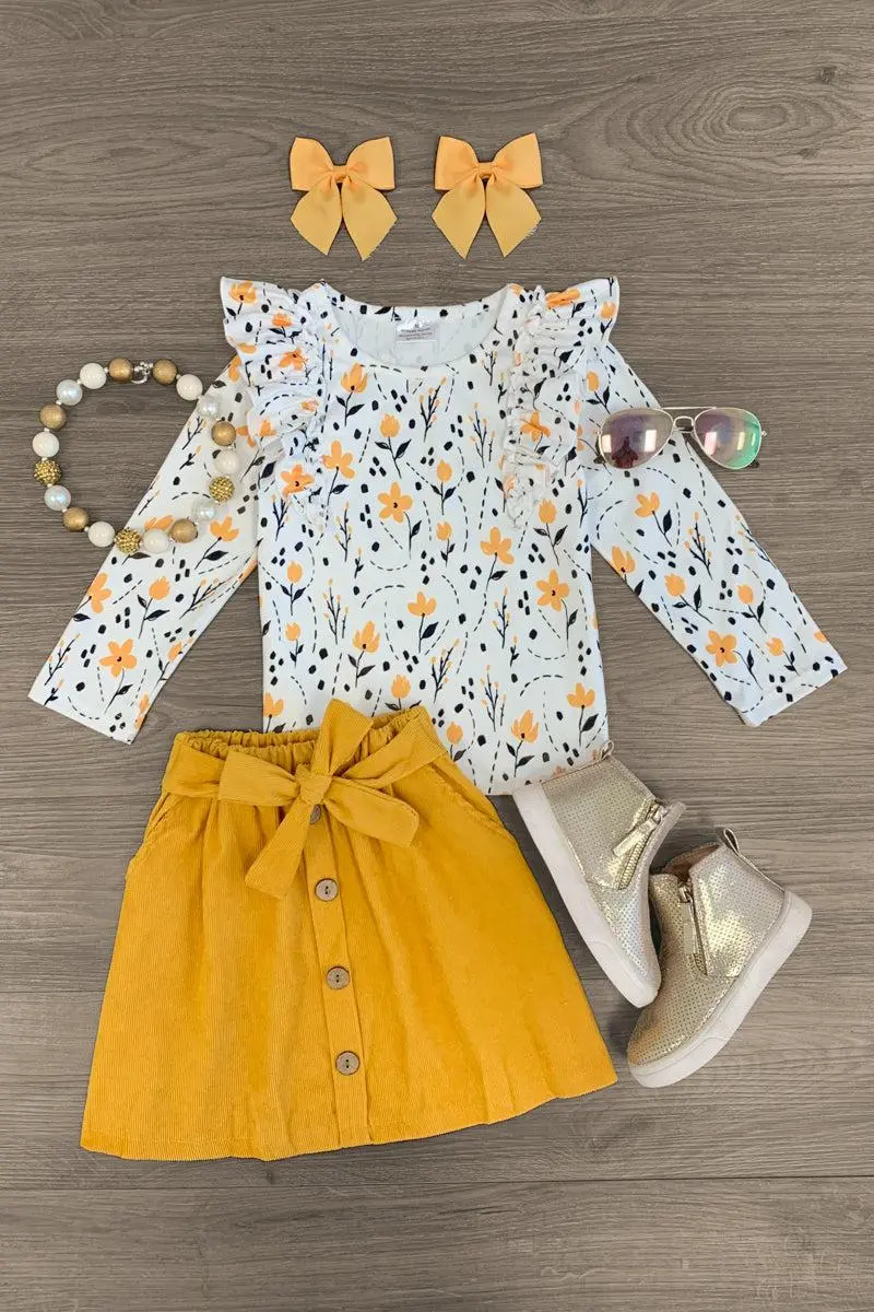 Mustard Floral Corduroy Skirt Set