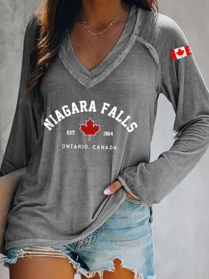 Women's Canada Niagara Falls Print V-Neck Long Sleeve T-Shirt