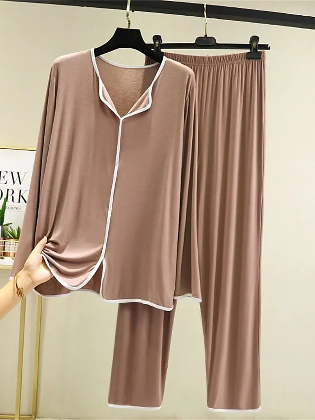 Women's Pajamas Pajama Top and Pant Sets 2 Pieces Pure Color Fashion Casual Soft Home Daily Bed Modal Breathable Lapel Long Sleeve Pant Summer Spring Yellow Pink