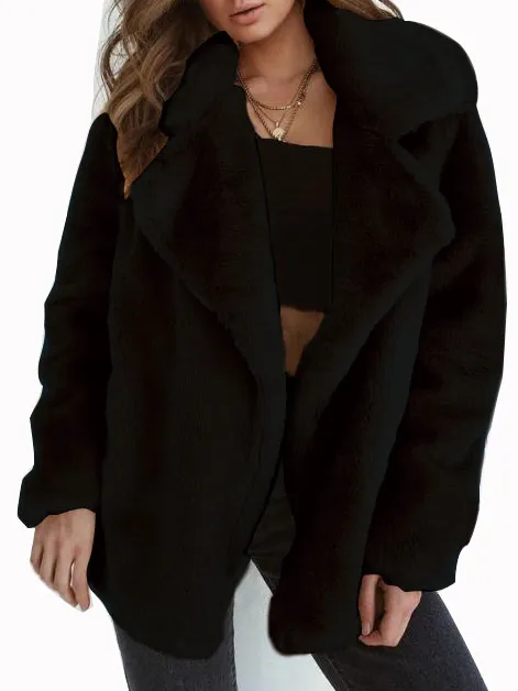 Cozy notched collar oversize fake fur coat