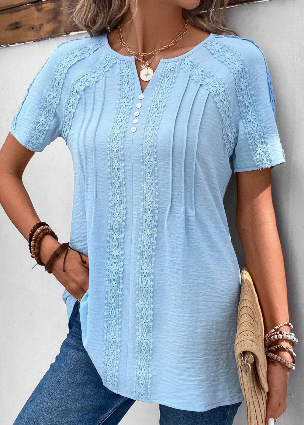 Light Blue Patchwork Short Sleeve Split Neck Blouse