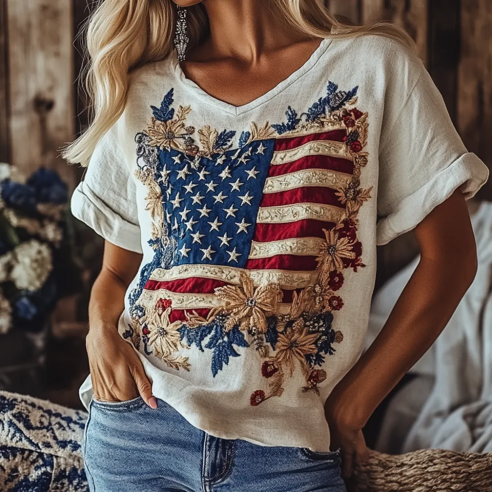 Women's Independence Day Flag Floral Embroidered V-neck Linen Blend Casual T-shirt