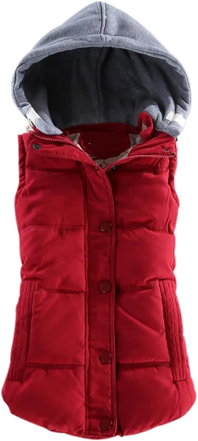 Women's Slim Sleeveless Quilted Removable Hooded Winter Puffer Vest Coat