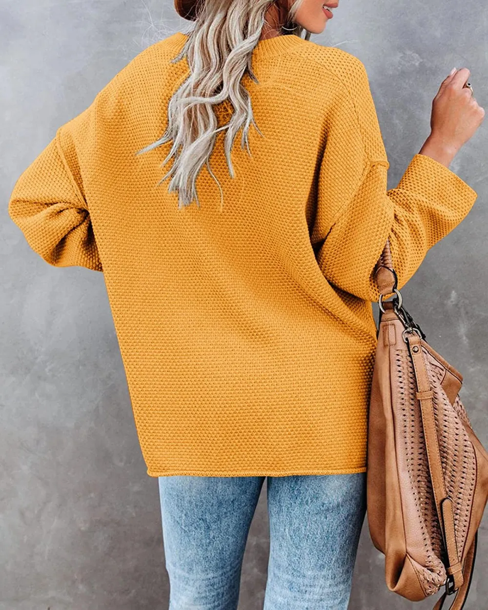 Women's Oversized Sweaters Batwing Long Sleeve Loose V Neck Button Henley Tops Pullover Knit Jumper