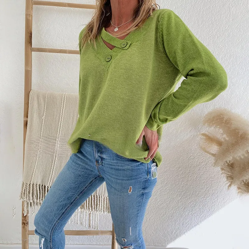 Vintage V-Neck Diagonal Button Long Sleeve Sweater