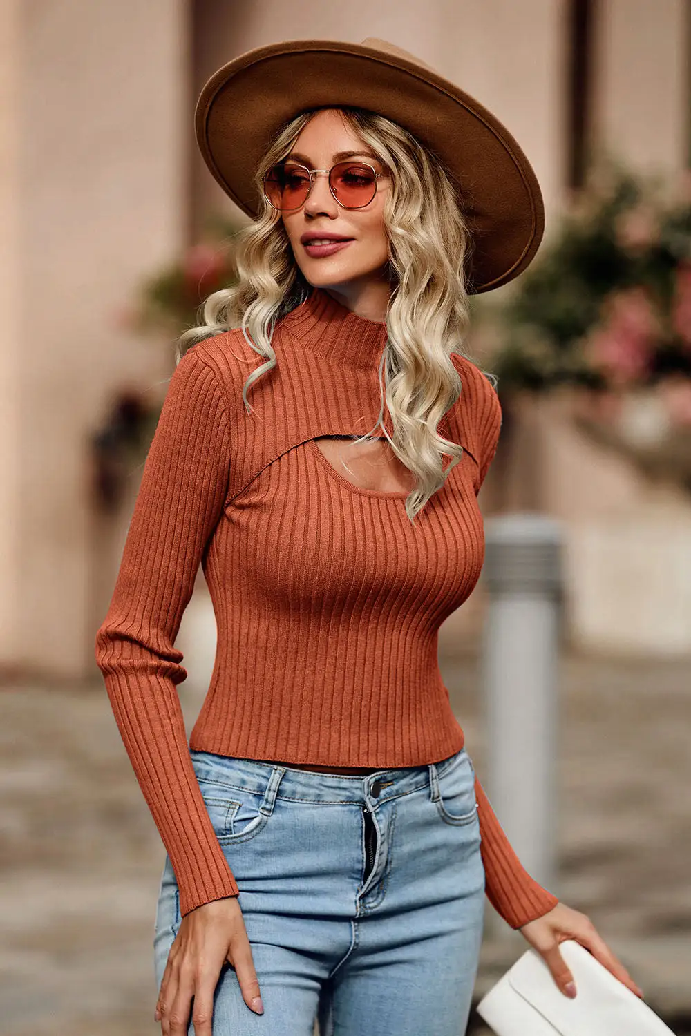 Two Piece Cutout Mock Neck Rib Knit Fitted Pullover Sweater