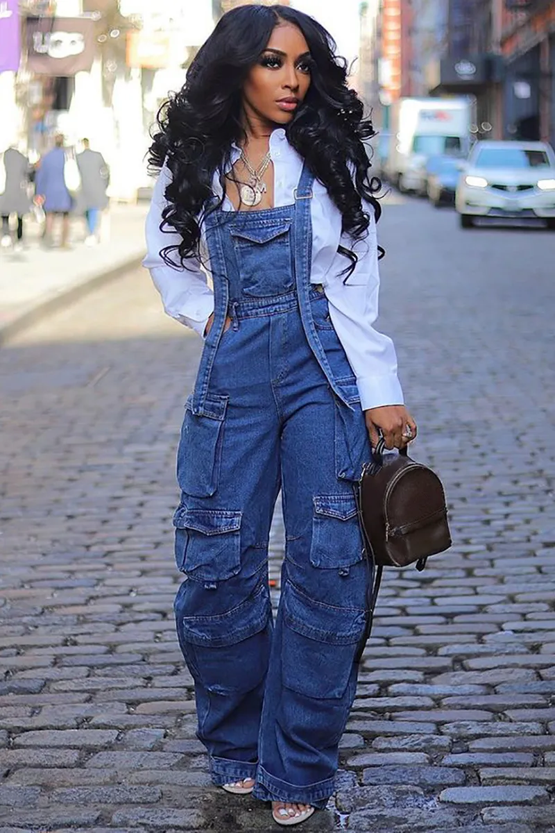 Denim Pockets Wide Leg Cargo Overalls-Blue
