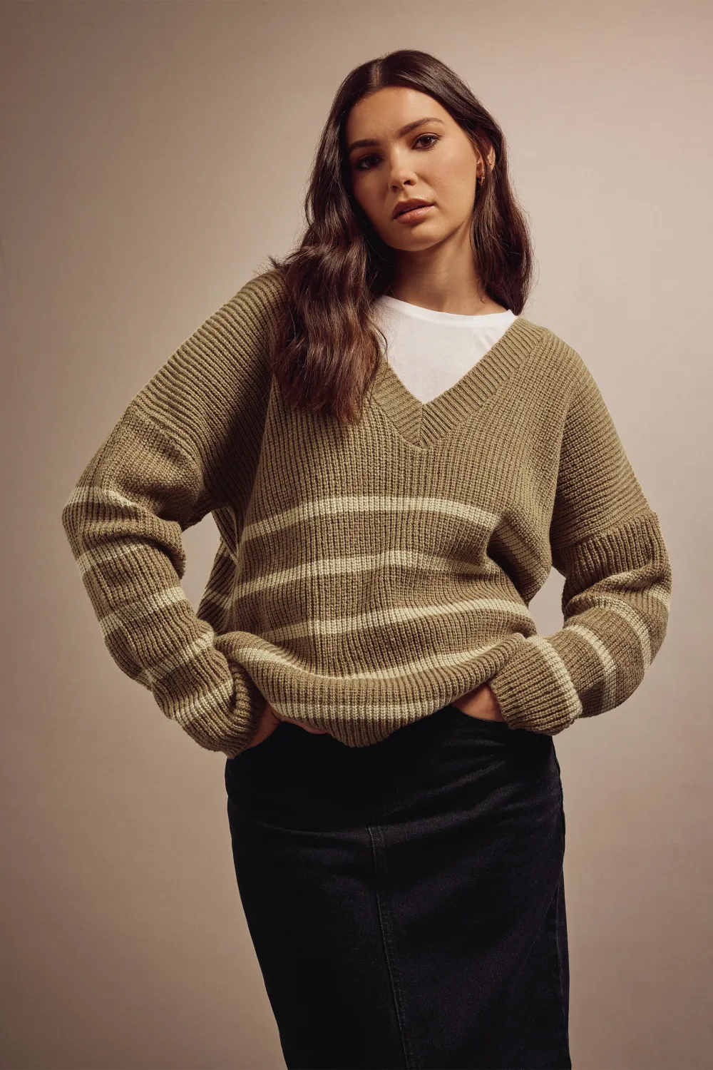 LTS Tall Brown V-Neck Stripe Jumper