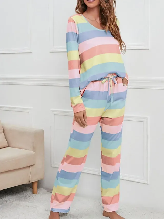 Women's Plus Size Pajamas Sets Nighty Pjs 2 Pieces Rainbow Stripe Fashion Comfort Soft Home Daily Bed Cotton Breathable V Wire Long Sleeve T shirt Tee Pant Fall Spring Blue Yellow