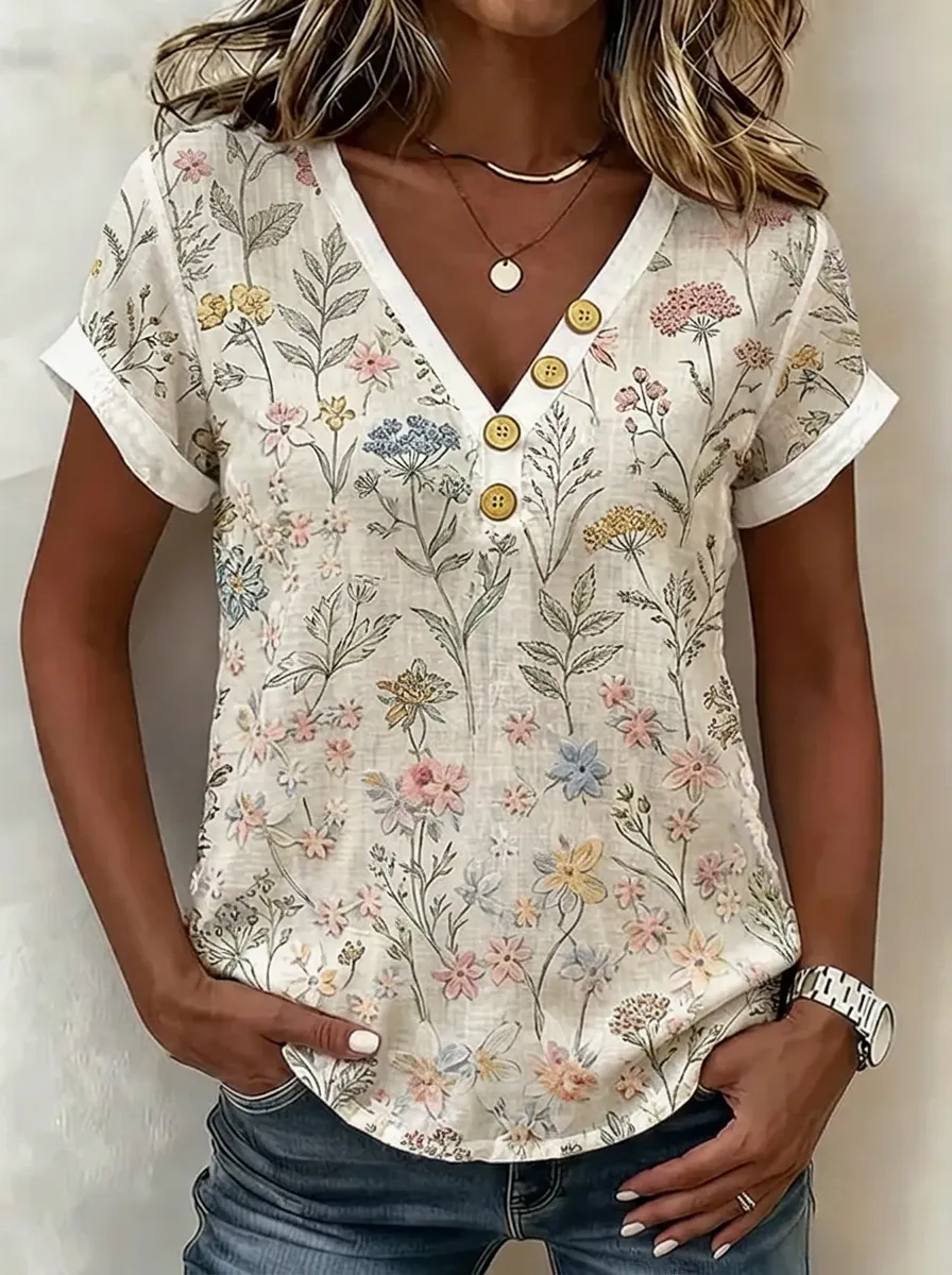 Women's Nashville Botanical Wildflower Printed V-Neck Button Top