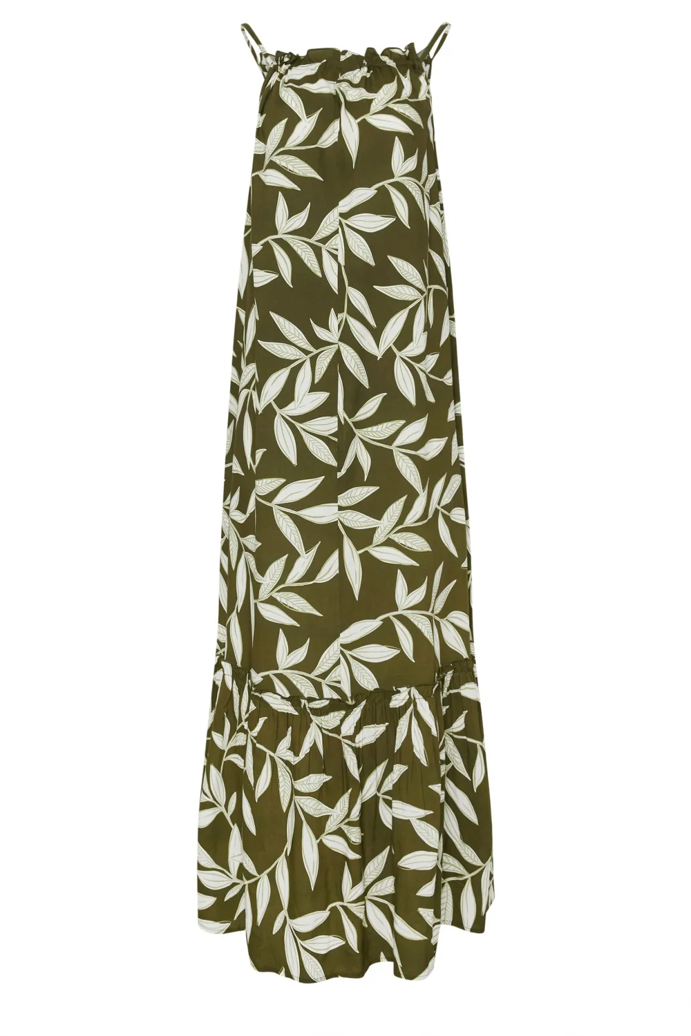 LTS Tall Olive Green Leaf Print Ruched Neck Maxi Dress