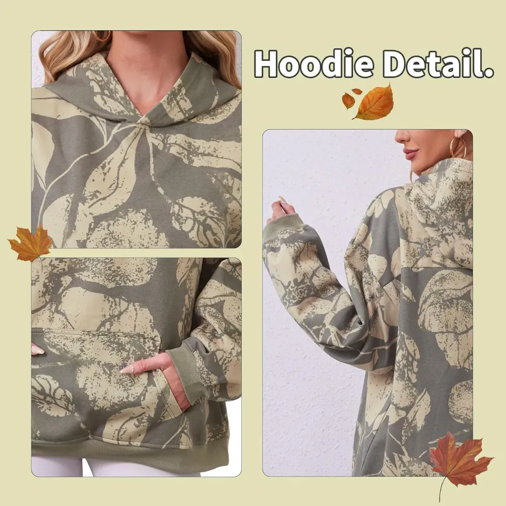 Womens Camo Hoodies Maple Leaf Print Oversized Hooded Sweatshirt Fleece Pullover Sweatshirts Long Sleeve with Pocket
