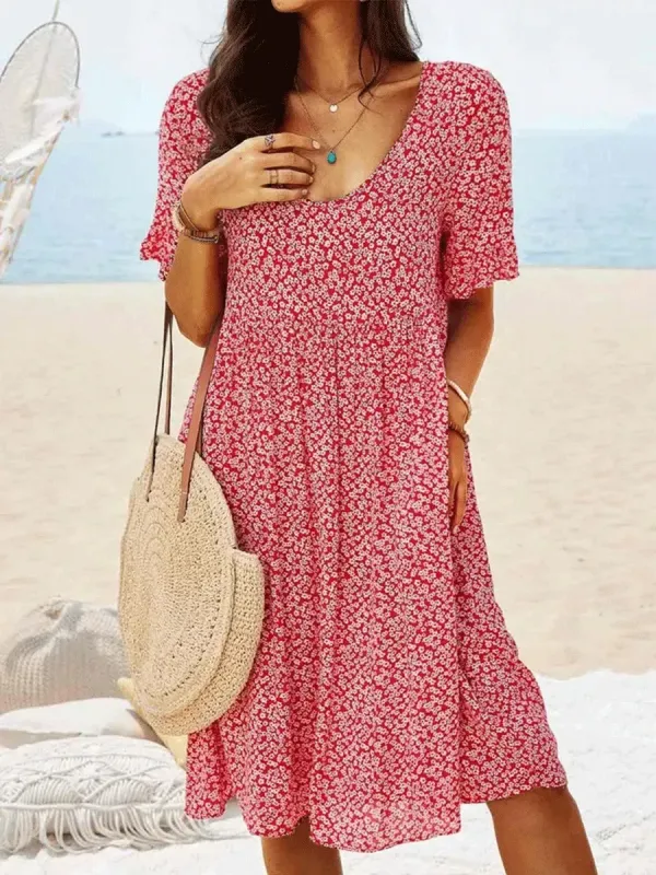 Floral Print Mid-length Casual Short-sleeved Shift Dress