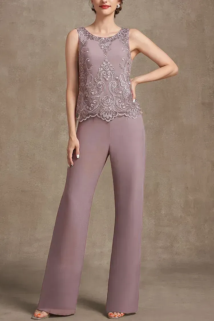 Plus Size Embroidery Chiffon Three Pieces Set Pant Suits