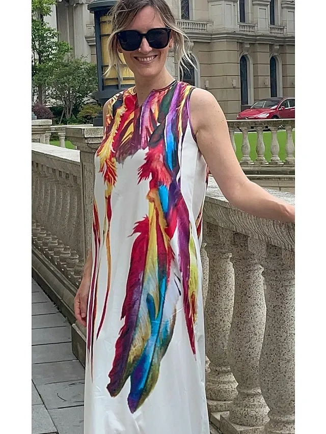 Women's Long Dress Maxi Dress Casual Dress Print Dress Outdoor Holiday Vacation  Print Sleeveless V Neck Dress Regular Fit White Red Blue Summer Spring S M L XL XXL（with no pocket)