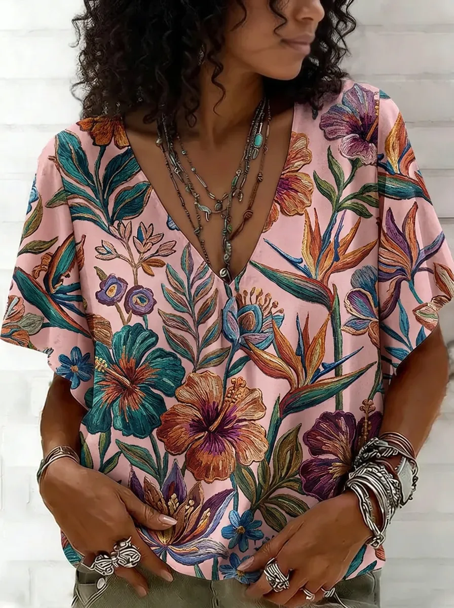 Women's Nashville Tropical Hibiscus Floral Printed V-Neck Top