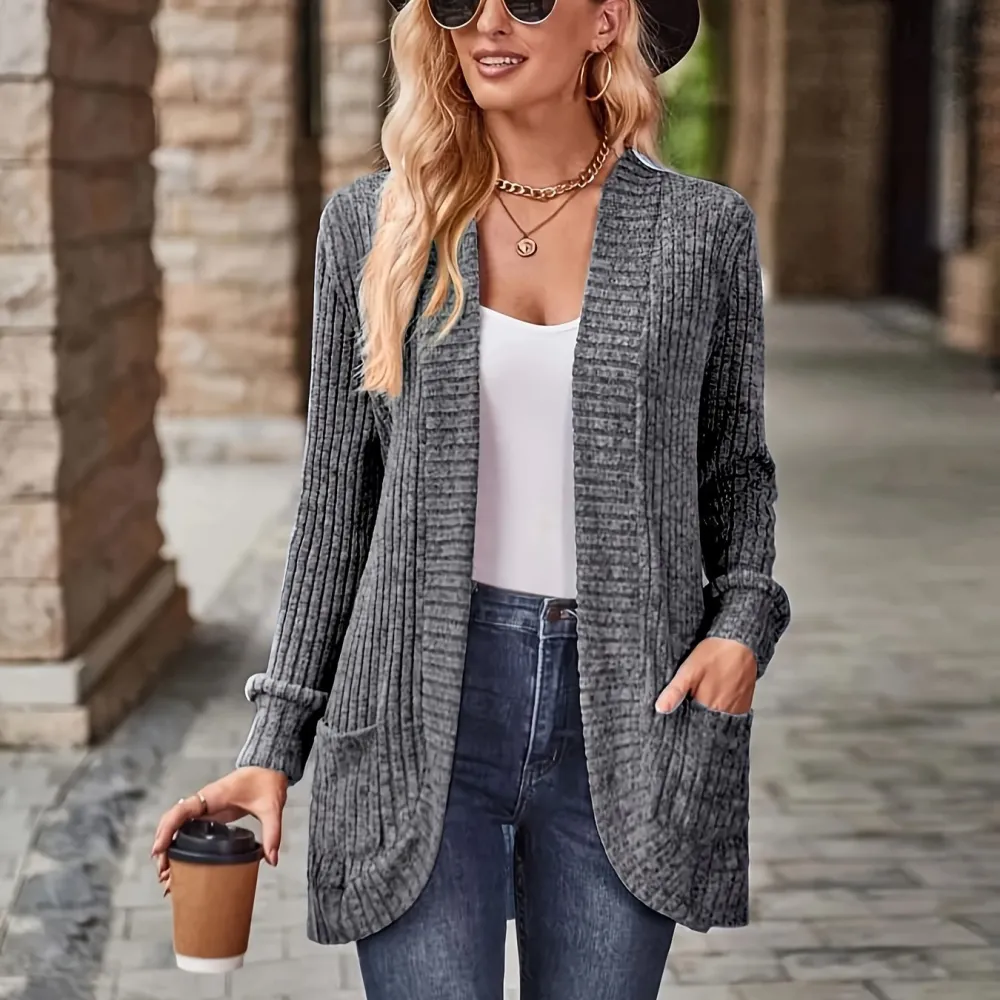 Relaxed Open Front Cardigan Casual Long Sleeve Drop