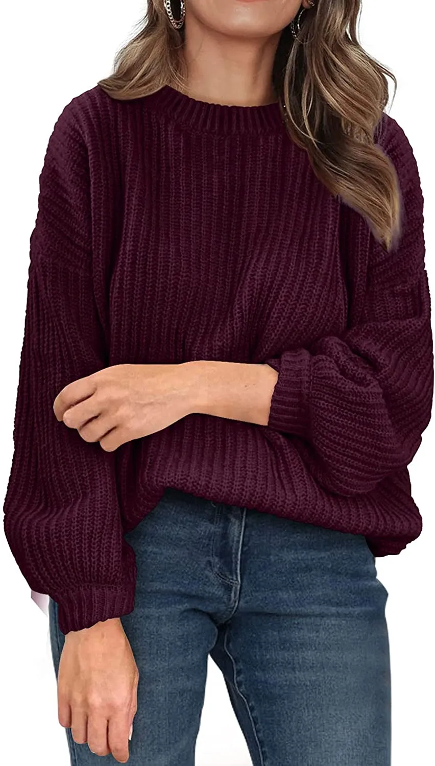 Women's Crew Neck Loose Drop Shoulder Lantern Sleeve Casual Solid Color Knit Pullover Sweater