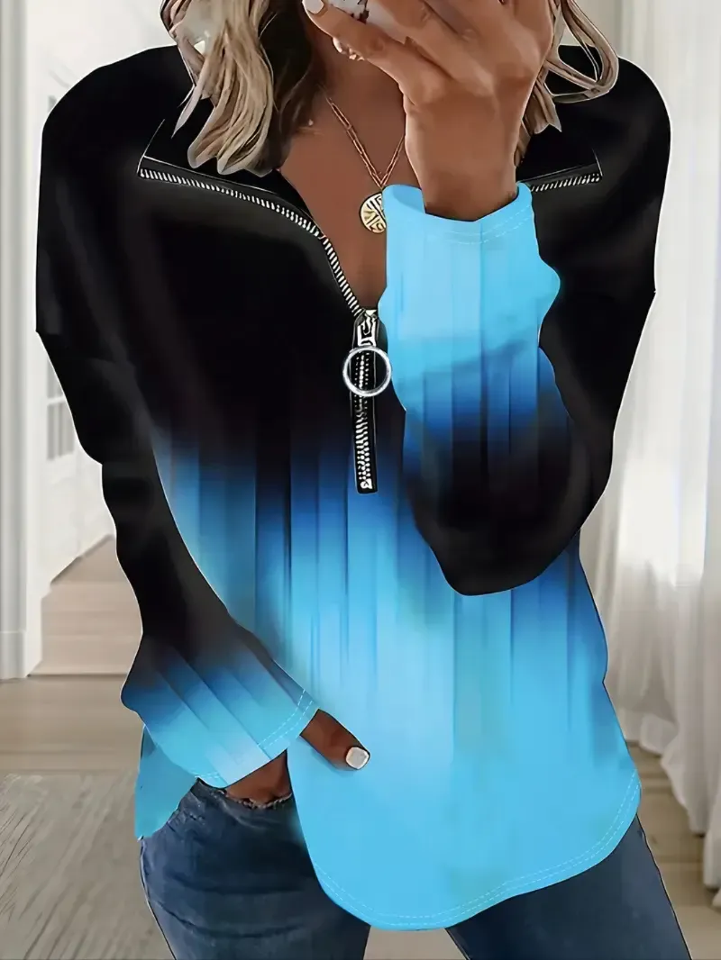 Ombre Print Quarter Zip Sweatshirt, Casual Long Sleeve Lapel Sweatshirt For Fall & Winter, Women's Clothing