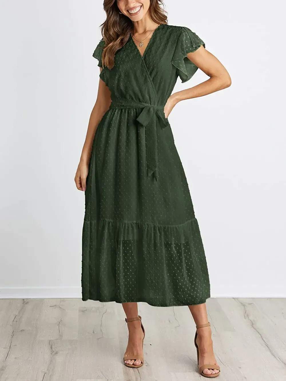 Women Summer Bohemian Floral Casual Wrap V Neck Ruffle Cap Sleeveless Belt A-Line Pleated Hem Swing Midi Sun Dress