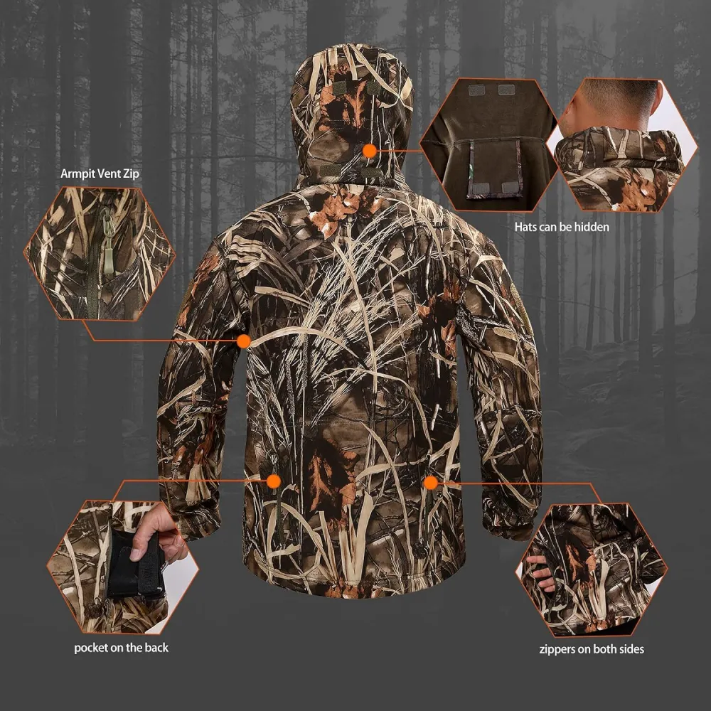 Hunting Jacket for Men Quiet Hunting Camouflage Clothing Hoodie Camo Coat Water-Repellent Windproof