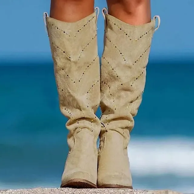 Women's Boots Suede Shoes Slouchy Boots Plus Size Work Daily Knee High Boots Winter Rivet Embroidery Block Heel Pointed Toe Elegant Casual PU Leather Zipper Solid Colored Embroidered Black White