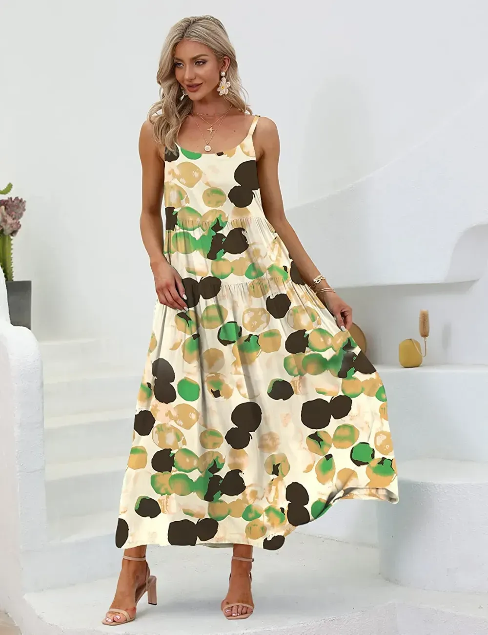 Summer Dresses for Women Casual Loose Bohemian Floral Dress with Pockets Spaghetti Strap Maxi Dress E75