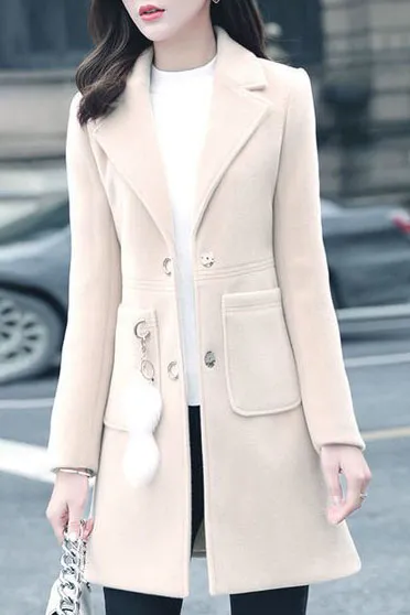 Solid Front Pockets Mid Length Lapel Coat