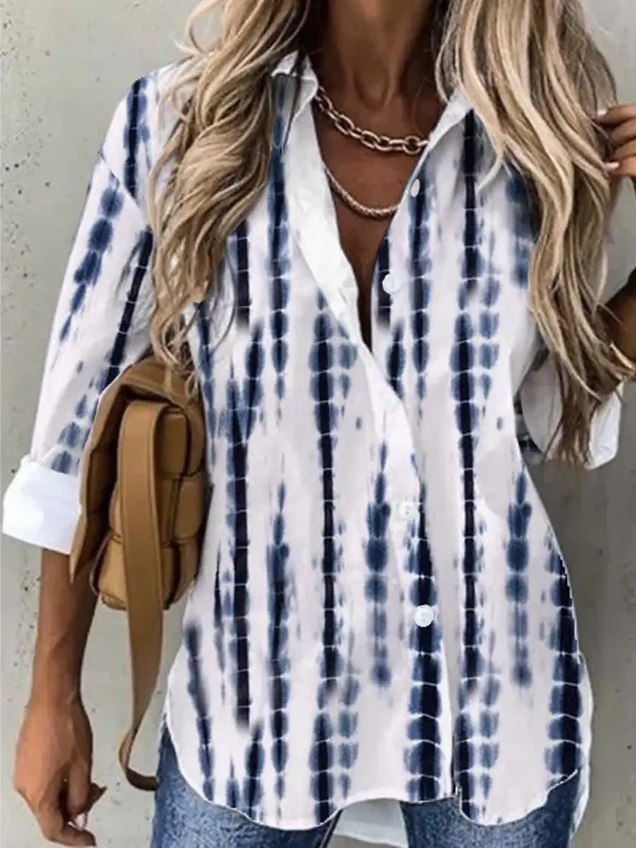 Women 3/4 Sleeve Shirt Collar Floral Printed Animal Print Button Top Shirts