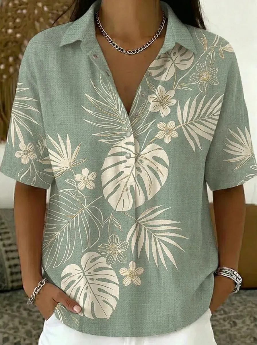 Women's Nashville Tropical Monstera Floral Printed V-Neck Shirt