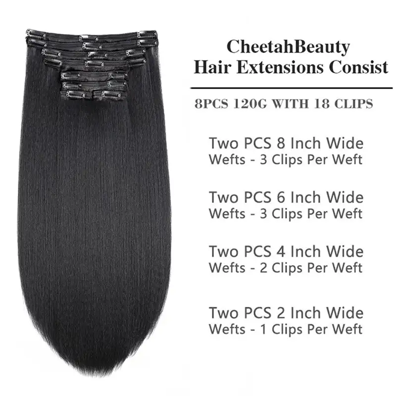 Double Drawn Yaki Straight Clip In Hair Extensions Human Hair Clip Ins 120g 8pcs With 18 Clips