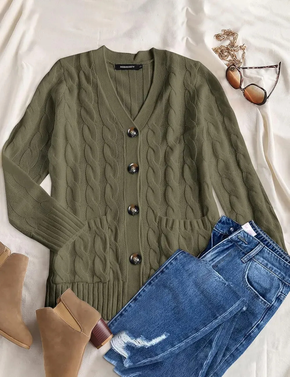 MEROKEETY Women's 2024 Fall Long Sleeve Cable Knit Sweater Open Front Cardigan Button Loose Outerwear