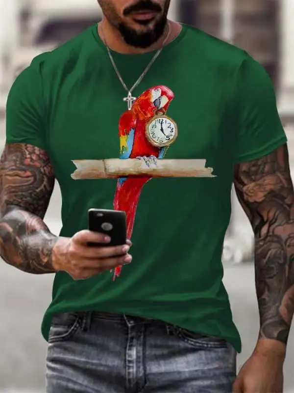 Men's 5 O'clock Parrot Printed Round Neck T-Shirt
