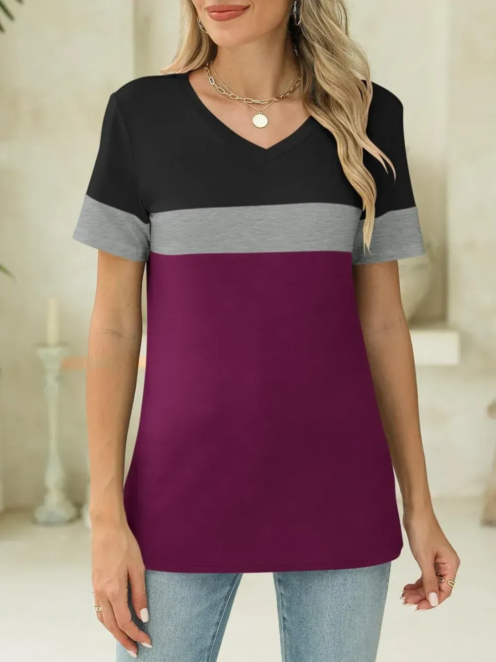 ORANDESIGNE Women's Color Block Short Sleeve T Shirts Casual V Neck Summer Tops Tees Loose Fit Blouses