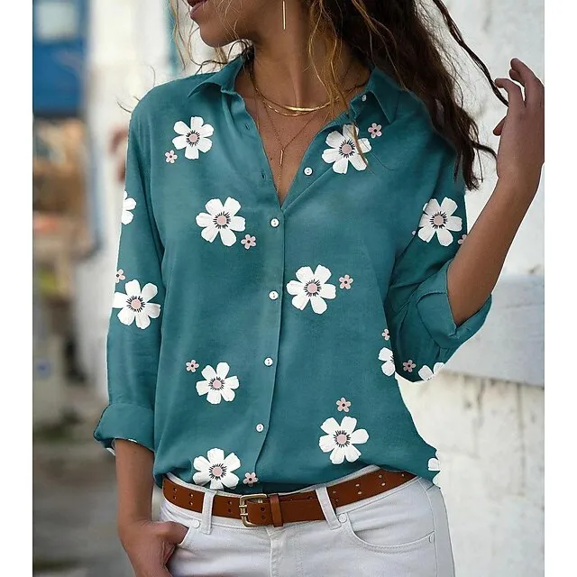 Women's Blouse Floral Floral Print Pink Blue Green Button Long Sleeve Daily Basic Shirt Collar Spring Fall Spring, Fall, Winter, Summer