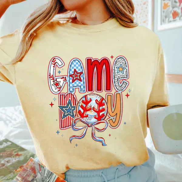 Baseball Game Day Printed Round Neck Short Sleeve T-Shirt