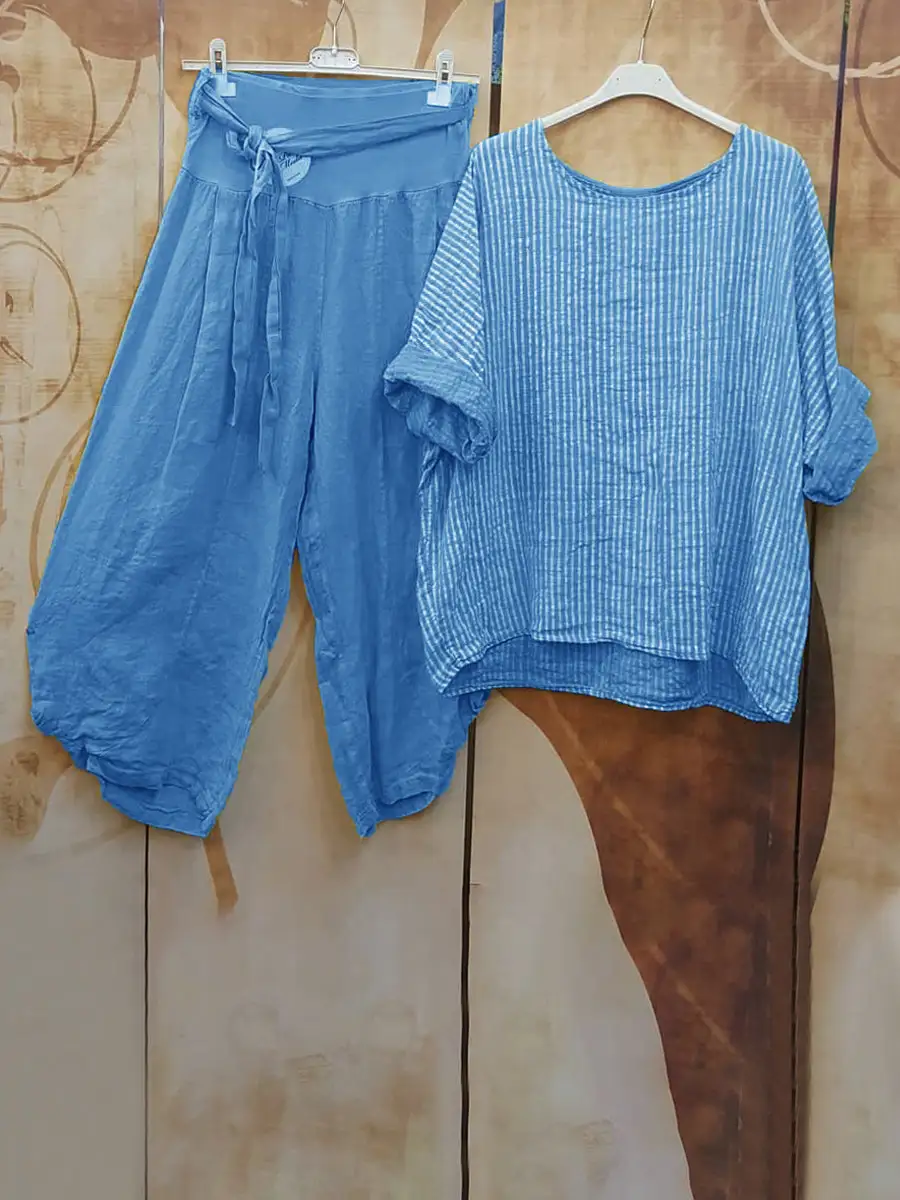 Round Neck Stripe Half Sleeve Top And Pants Set