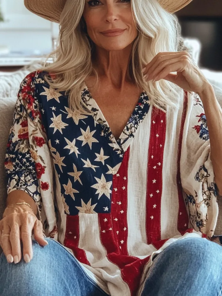 Women's Independence Day Stripes Art Casual T-shirt