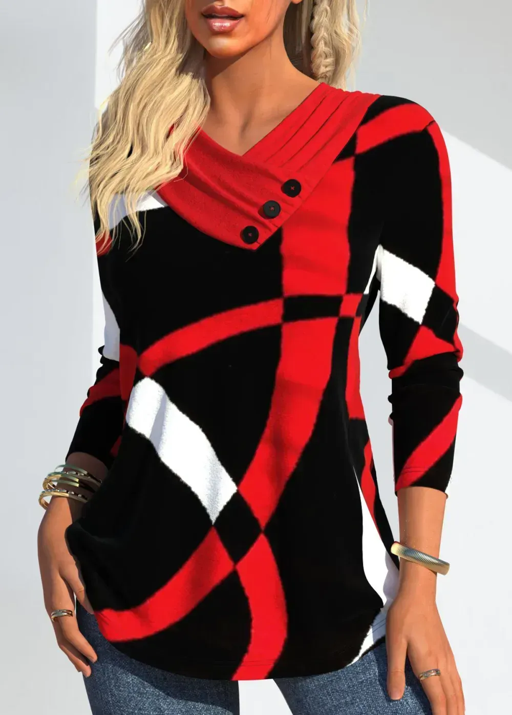 Red Button Geometric Print Long Sleeve V Neck Sweatshirt