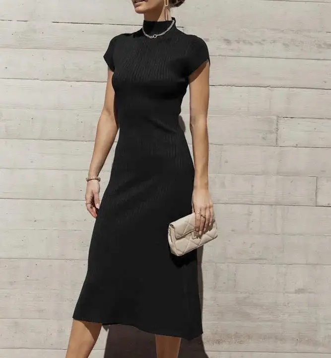 Classy Black Plain Midi Sweater Dress