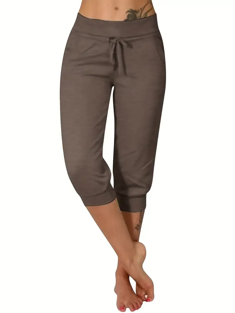 Solid & Casual Elastic Capri Pants - Women's Clothing