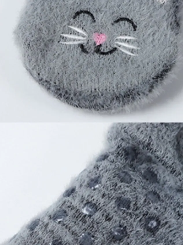 1pair Women Cartoon Cat Warmth Non-Slip Floor Socks