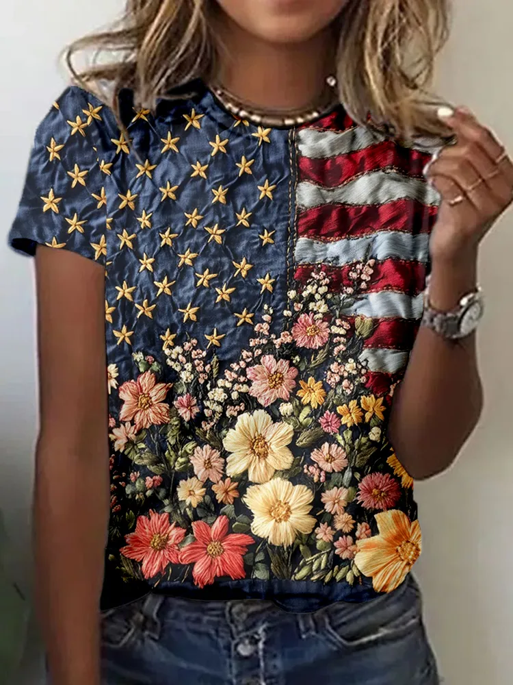 Independence Day Flag & Flowers Embroidered Cozy T Shirt