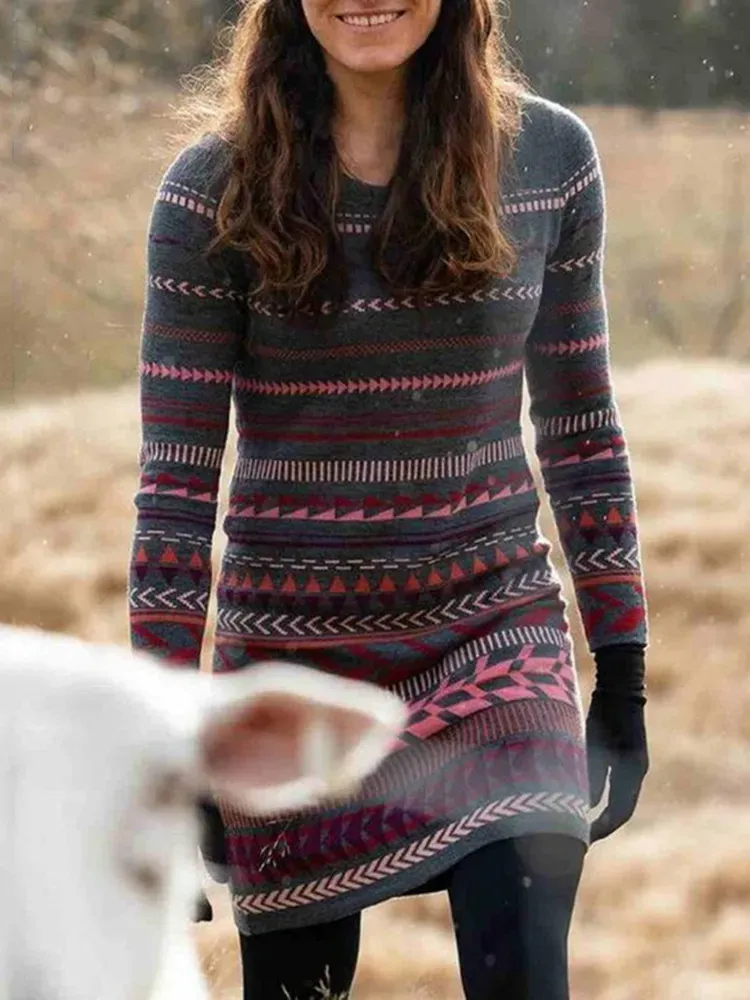 Fairman Island Contrast Print Long Sleeve Knit Midi Dress