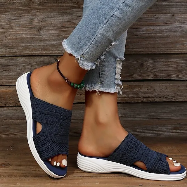 Women's Sandals Plus Size Outdoor Slippers Flyknit Shoes Outdoor Daily Beach Summer Flat Heel Open Toe Classic Casual Synthetics Tissage Volant Loafer Solid Color Solid Colored Black Pink Blue
