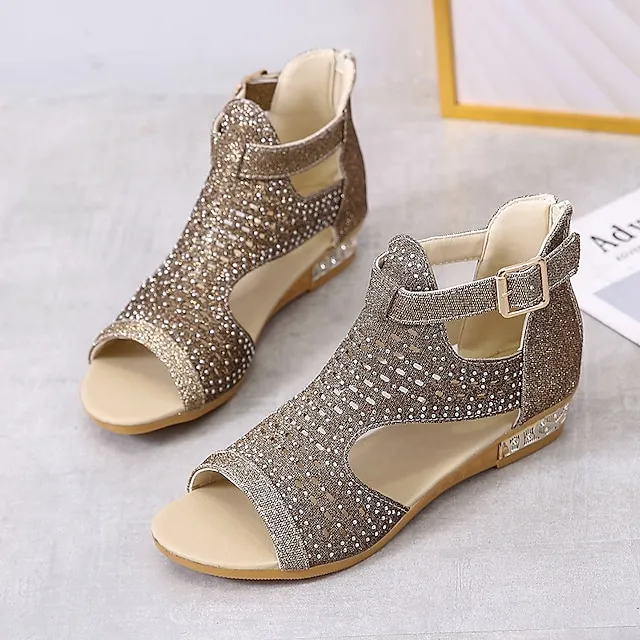 Women's Sandals Wedge Sandals Plus Size Party Outdoor Work Summer Spring Rhinestone Wedge Heel Peep Toe Elegant Classic Casual Faux Leather Zipper Solid Color Black Gold Beige
