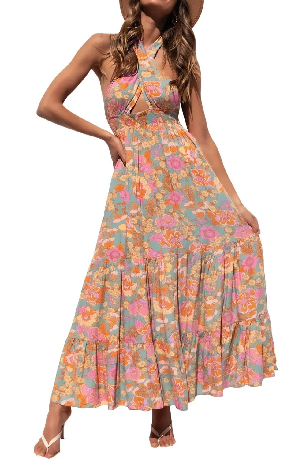Cross necked flowing A-line long dress - Orange