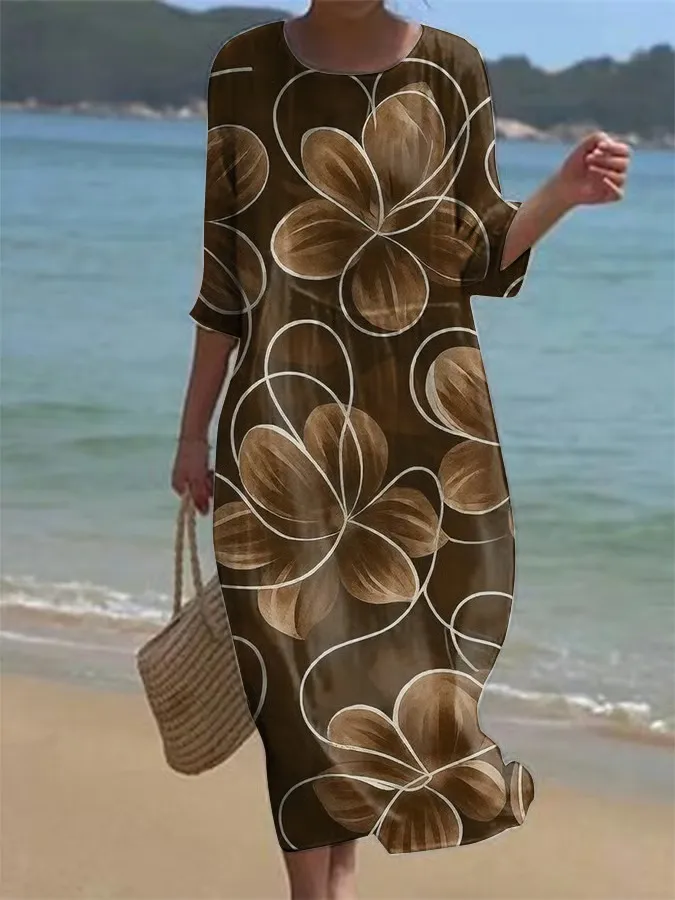 Women's Casual Round Neck Mid-Sleeve Floral Print Cotton Linen Dress