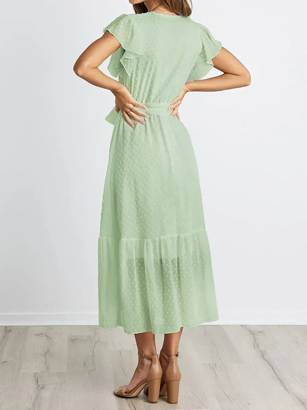 Women Summer Bohemian Floral Casual Wrap V Neck Ruffle Cap Sleeveless Belt A-Line Pleated Hem Swing Midi Sun Dress